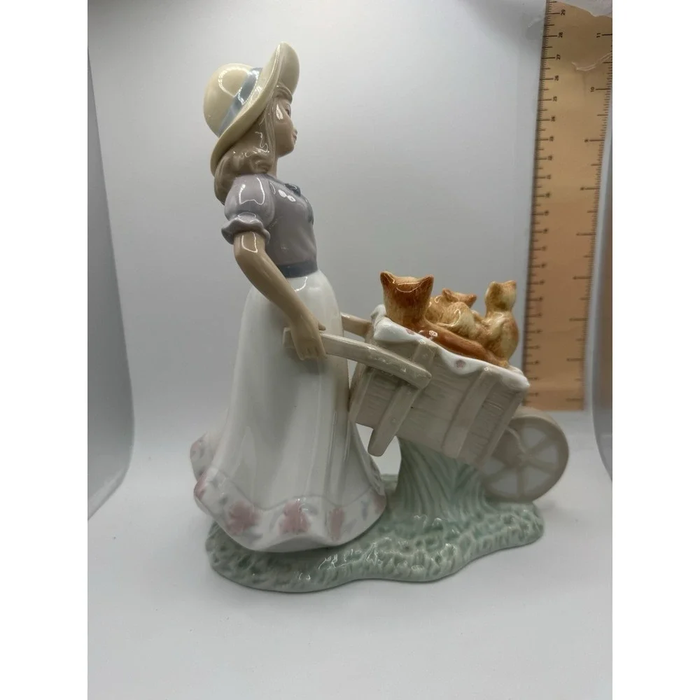 Porcelain Young Woman Girl Wheel Barrel of Kittens Cats 9